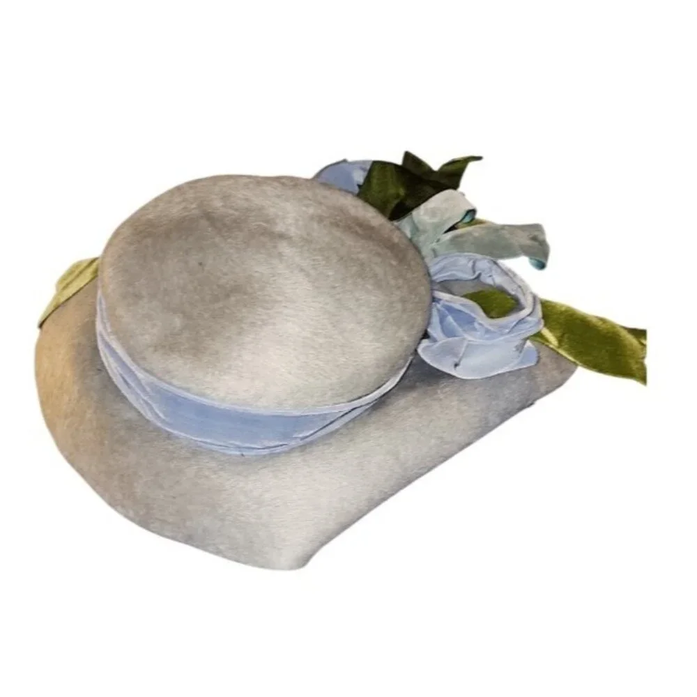 MR JOHN COUTURIER ORIGINAL Vintage Blue Wool Hat Handmade Couture Style Ribbon